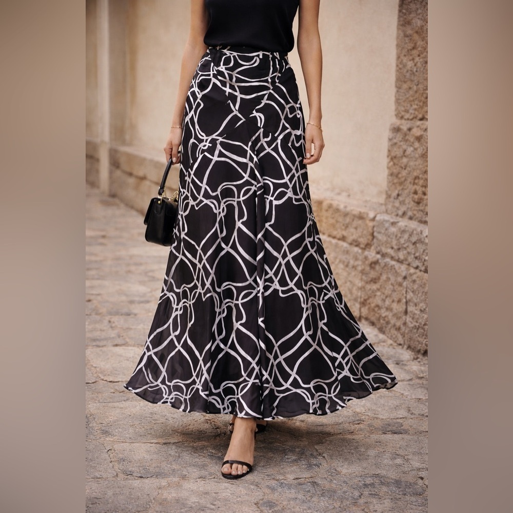 Vintage 90s Lucine Almas Womens Skirt Sz Medium Black White Silk Maxi Minimalist